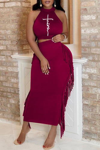 Burgundy Celebrities Print Tassel Split Joint O Neck Sleeveless Two Pieces