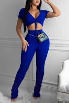 Blue Sexy Solid Bandage Split Joint V Neck Short Sleeve Two Pieces