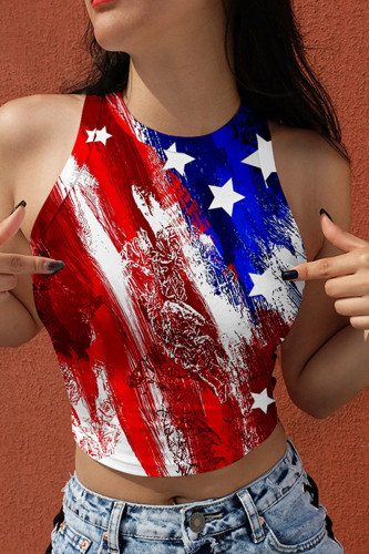 Red Blue Fashion Casual Flag Star Print Basic O Neck Vest Tank Tops