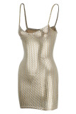 Silber Mode Sexy Patchwork Rückenfreies Spaghettiträger Ärmelloses Kleid