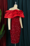 赤いファッションセクシーなプラスサイズのパッチワークスパンコールバックレスオフショルダーイブニングドレス