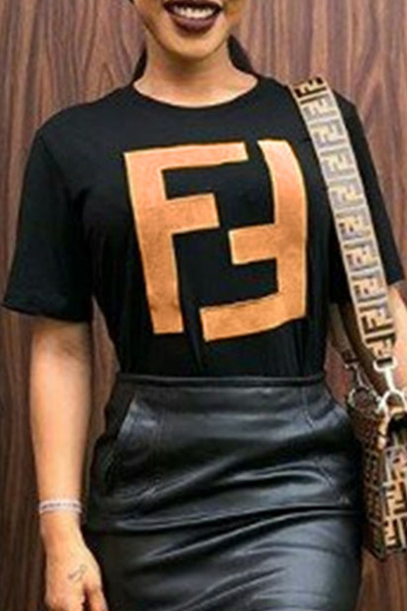 

Black Fashion Casual Print Letter O Neck T-Shirts