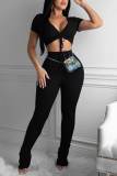 Black Sexy Solid Bandage Patchwork V Neck Short Sleeve Two Pieces