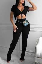 Black Sexy Solid Bandage Split Joint V Neck Short Sleeve Two Pieces