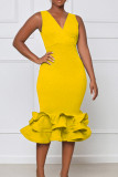 Yellow Fashion Sexy Solid Split Joint V Neck Evening Dress