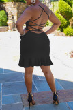 Black Fashion Sexy Solid Patchwork Backless Spaghetti Strap Sleeveless Dress
