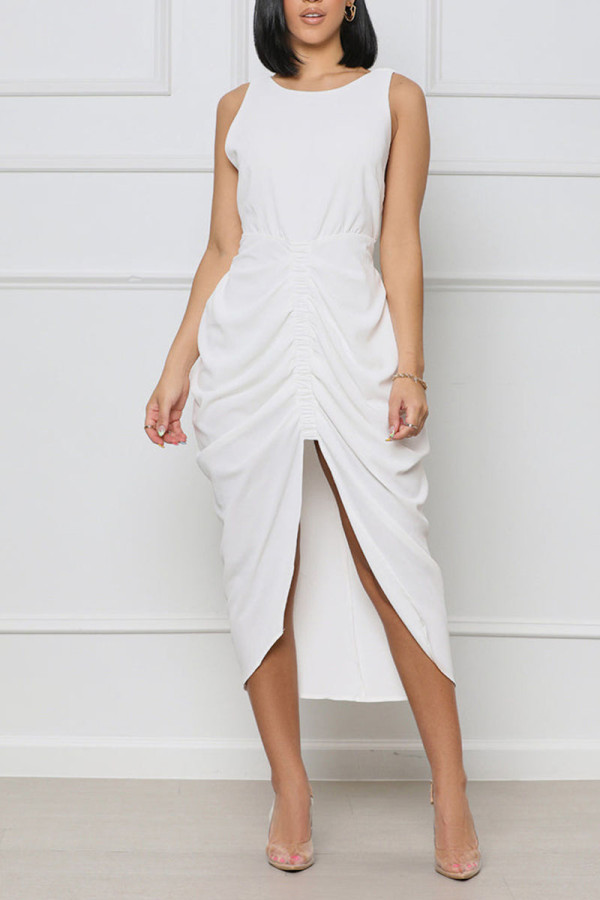 Witte sexy effen patchwork backless split vouw asymmetrische O-hals rechte jurken