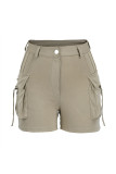 Khaki Mode Casual Solid Patchwork Vanliga shorts med hög midja
