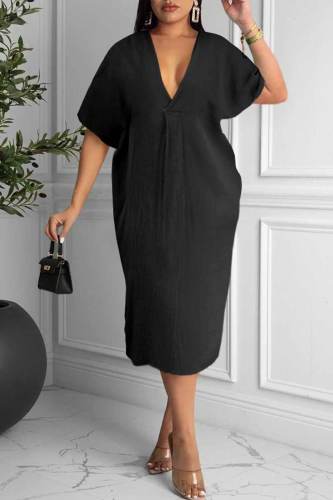 Black Casual Solid Patchwork V Neck Straight Dresses