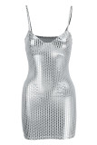 Серебряное модное сексуальное лоскутное платье без рукавов с открытой спиной на тонких бретелях