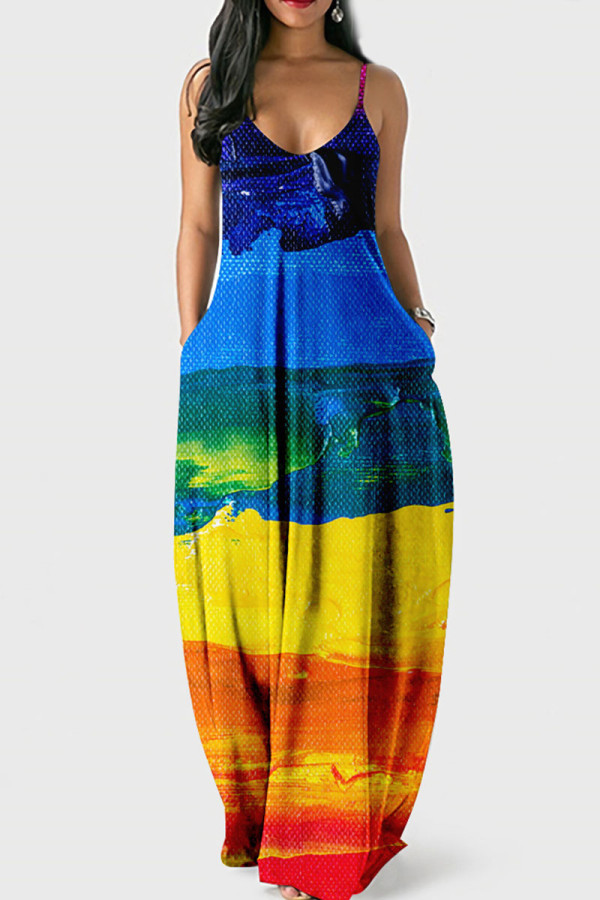 Veelkleurige casual print patchwork U-hals sling-jurkjurken