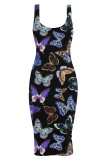 Blue Fashion Casual Butterfly Print Basic U Neck Vest Dress