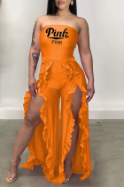 Tangerine Red Fashion Print Volant Trägerlose Boot Cut Jumpsuits