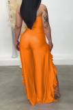 Tangerine Red Fashion Print Flounce Strapless Boot Cut Jumpsuits