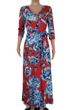 Red Casual Print Bandage Patchwork V Neck Straight Dresses