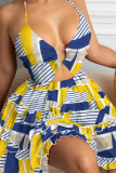 Синее желтое модное сексуальное платье с принтом и вырезом на спине с лямкой на шее
