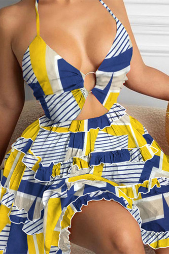 Blue Yellow Fashion Sexy Print Hollowed Out Backless Halter Sling Dress