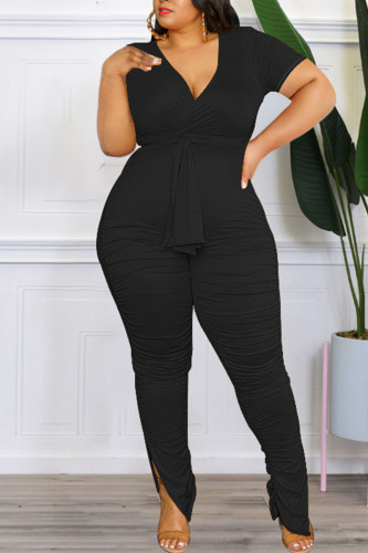 Black Casual Solid Bandage Patchwork Fold V Neck Plus Size Two Pieces