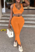 Arancio sexy casual sportivo solido gilet pantaloni scollo a V senza maniche due pezzi