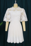 Witte mode casual effen uitgehold patchwork O-hals geplooide plus size jurken (zonder riem)