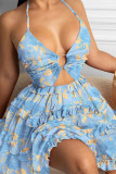 Blauw gele mode sexy print uitgeholde backless halter sling jurk