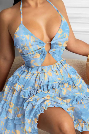 Light Blue Fashion Sexy Print Hollowed Out Backless Halter Sling Dress