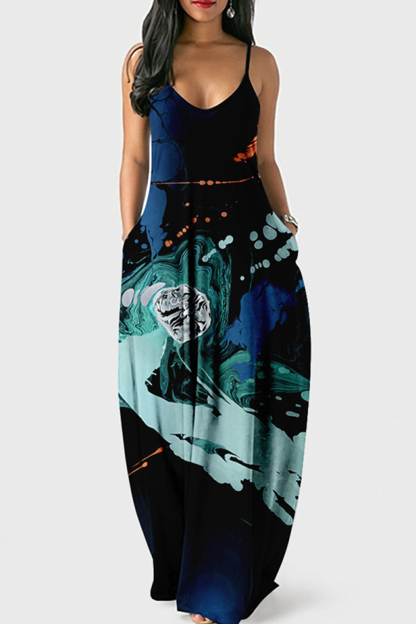 Diepblauwe casual print patchwork sling-jurk met U-hals