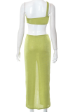 Green Fashion Solid High Opening One Shoulder Sleeveless Two Pieces