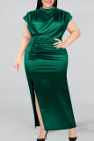 グリーンファッションカジュアルプラスサイズソリッドスリットフォールドハーフタートルネックイブニングドレス