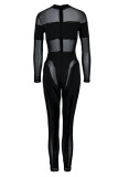 Schwarze, sexy, durchsichtige, durchsichtige Patchwork-Overalls mit halbem Rollkragen