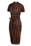 Brown Fashion Casual Print With Belt Turtleneck Short Sleeve Dress Dresses