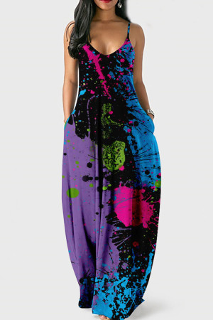 Purple Casual Print Split Joint U Neck Sling Dress Dresses