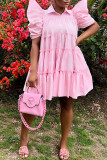 Розовые повседневные однотонные платья трапециевидной формы с отложным воротником и пряжкой в ​​стиле пэчворк