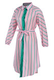 ベルトターンダウンカラーシャツドレスとピンクのファッションストライププリント