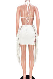 Pink Sexy Solid Tassel Hollowed Out Patchwork Backless Halter Pencil Skirt Dresses