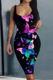 Farbe Mode Casual Butterfly Print Basic U-Ausschnitt Weste Kleid