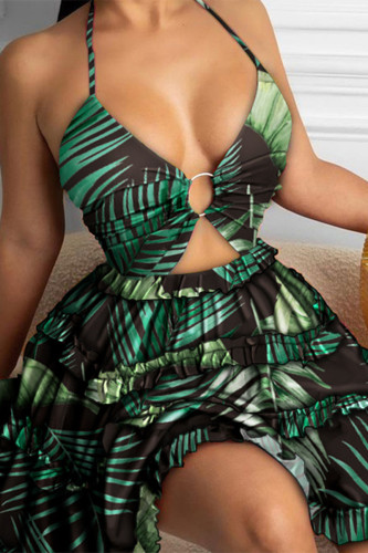 Green Fashion Sexy Print évidé Backless Halter Sling Dress