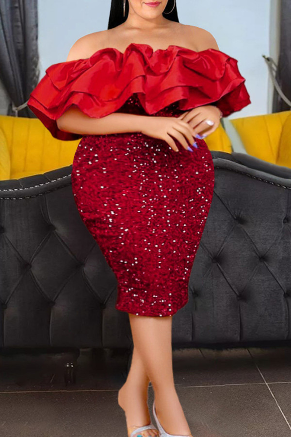 Red Fashion Sexy Plus Size Patchwork Pailletten Backless Off the Shoulder Avondjurk