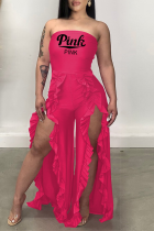 Pink Fashion Print Flounce Strapless Boot Cut Jumpsuits