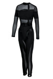 Zwarte mode sexy patchwork doorschijnende halflange coltrui skinny jumpsuits