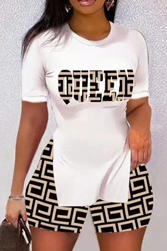 Khaki Casual Print Patchwork Slit O Neck Short Sleeve Two Pieces