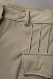 Shorts de cintura alta caqui moda casual patchwork sólido regular