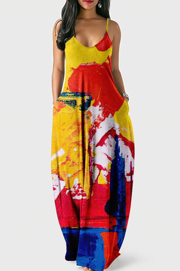 Rot Gelb Casual Print Patchwork U-Ausschnitt Sling Kleid Kleider