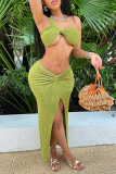 Green Fashion Solid High Opening One Shoulder Sleeveless Two Pieces
