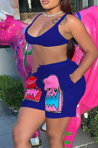 Royal Blue Casual Print Patchwork Spaghetti Strap Sleeveless Two Pieces