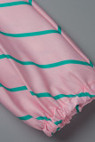 Roze Mode Gestreepte Print Met Riem Turndown Kraag Shirt Jurk