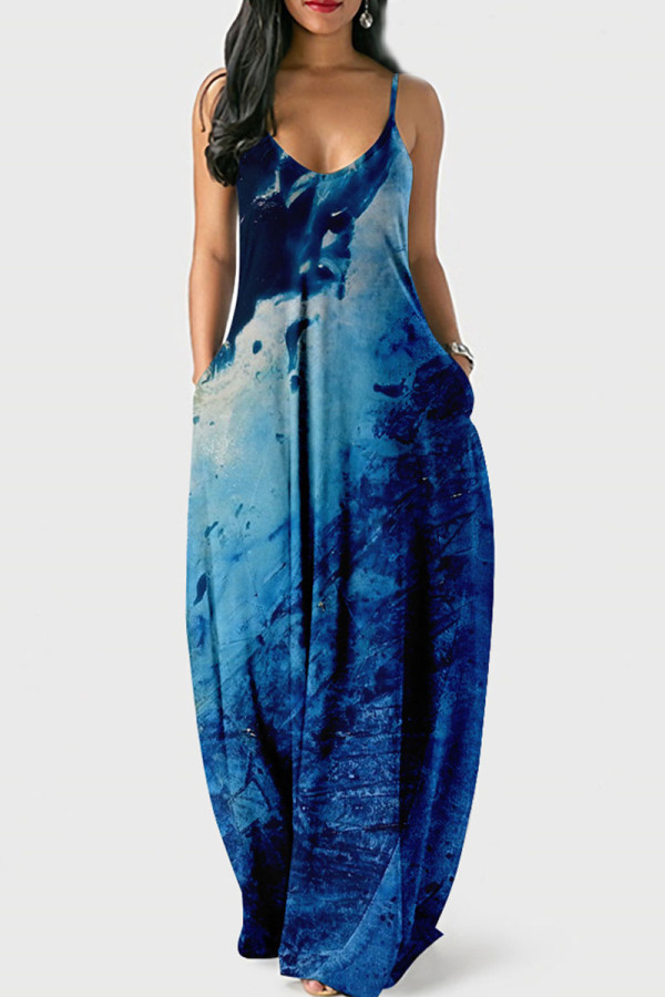 Wasserblau Casual Print Patchwork U-Ausschnitt Sling Kleid Kleider