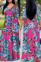 Розово-красные повседневные принты Пэчворк Пэчворк V-образным вырезом Прямые платья