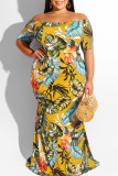Blue Casual Print Patchwork Off the Shoulder Straight Plus Size Dresses