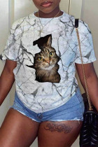 White Fashion Casual Print Basic O Neck T-Shirts